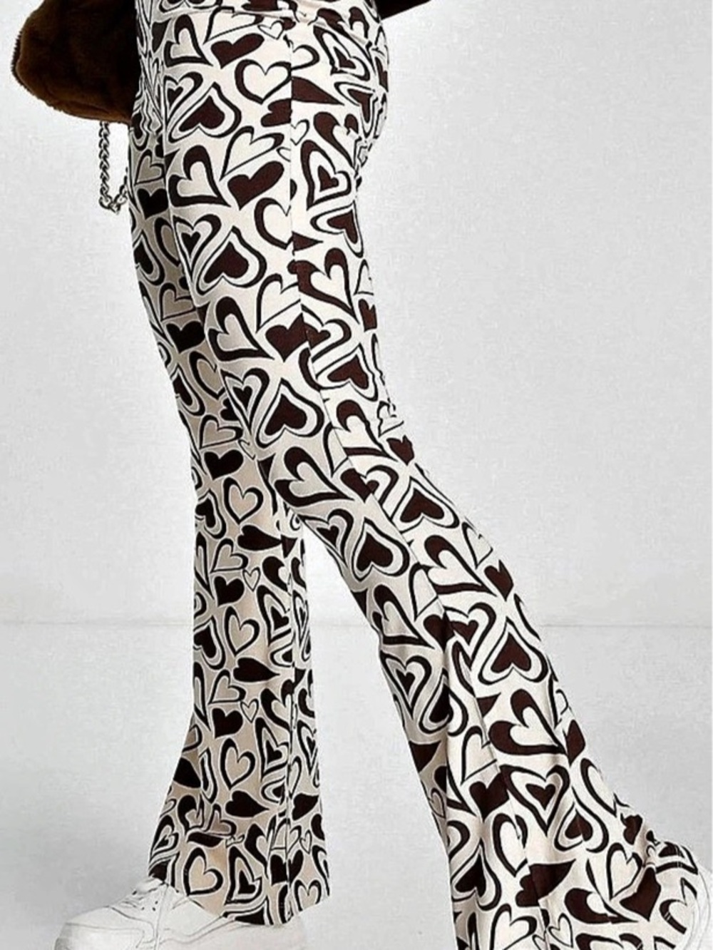 Topshop Petite Retro Heart Print Flare Pants in Brown & Cream Size 6 Like New